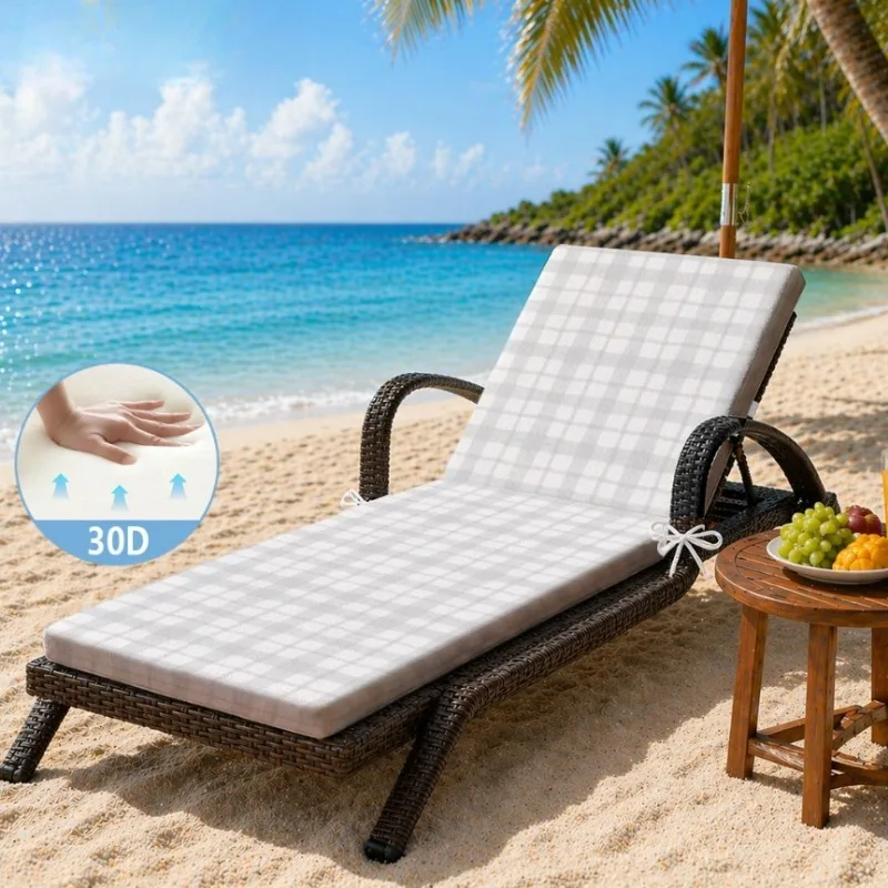 Coussin de chaise longue 30D hautement élastique, intérieur/extérieur, doux, épais, antidérapant avec attaches pour patio, piscine, plage, chaise longue de jardin
