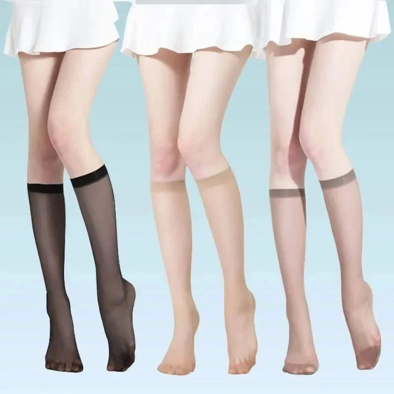 5/10Pairs Summer Thin Crystal Mid Calf Socks  Women Sheer Anti Slip Calf Socks Fashion Beauty Leg Transparent Socks