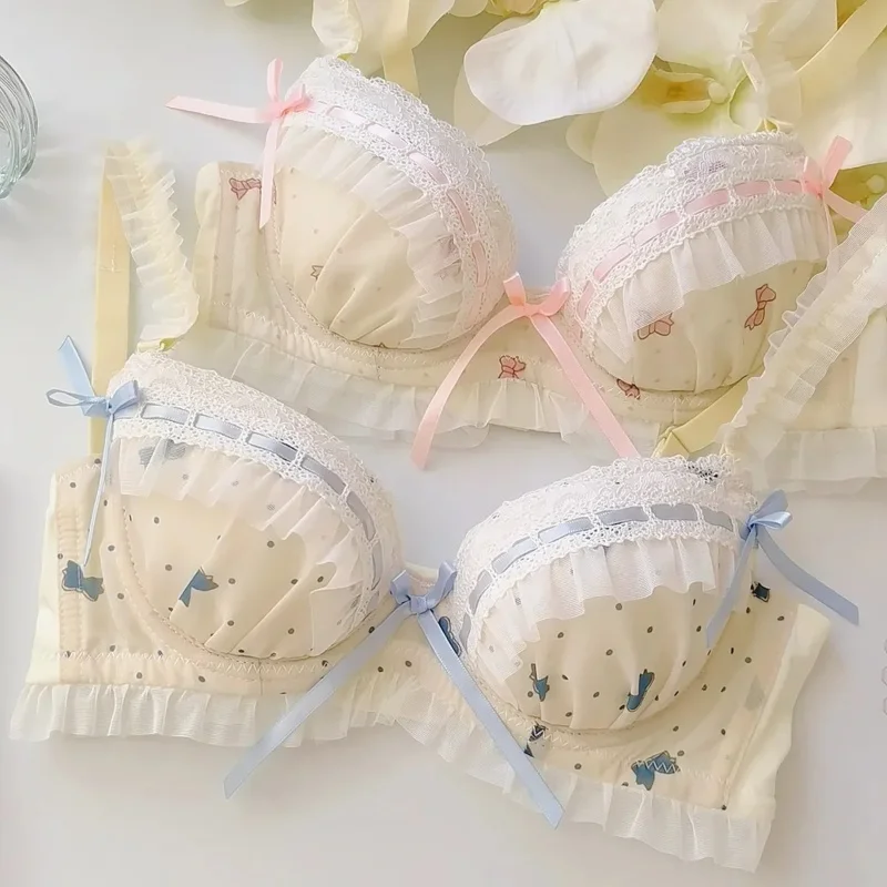 

Женское кружевное белье с бантом в стиле Лолиты, кружевной бюстгальтер для девочек, небольшая грудь, без косточек, сладкий комплект с бюстгальтером, японский стиль