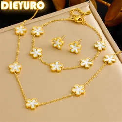 DIEYURO 316L Stainless Steel Simple Elegant White Shell Five Leaf Flowers Necklace Bracelet Set Women New Trend Jewelry Gift