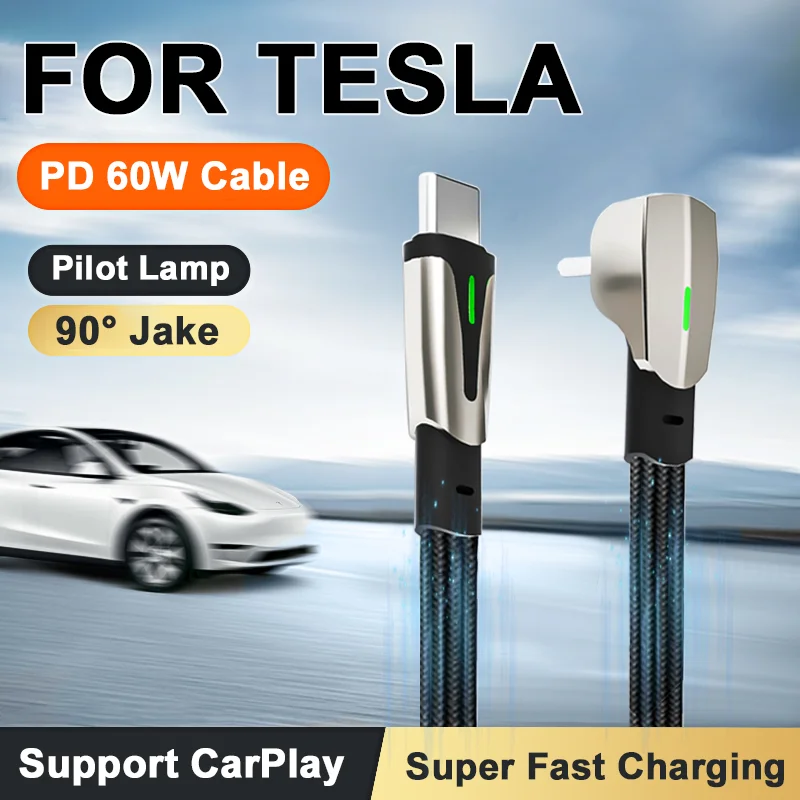 PD 60W For Tesla CarPlay USB C to Type C Super Fast Charging Cable For iPhone 15 Pro Max Samsung Galaxy S24 Model Y 3 X S Series