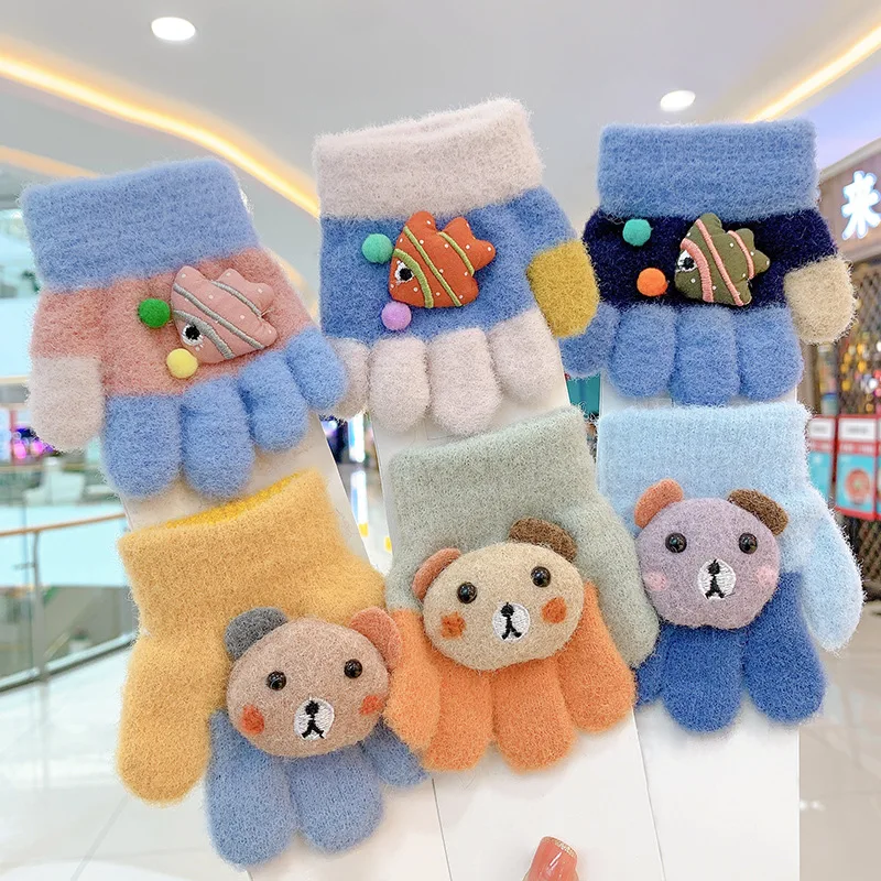 Cute Cartoon Baby Gloves Winter Warm Full Finger Mittens for Toddler Boy Girl Korean Thicken Knitted Kids Gloves