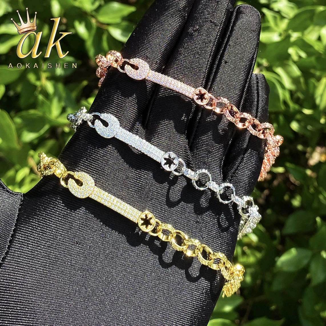 Aokaishen Iced Out Belcher Ring Link Bracelet Wrench for Men Prong Setting Real Gold Plated Hip Hop Jewelry