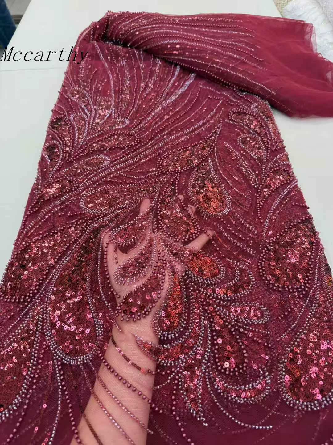 

Wine Luxury African Tulle Laces Latest Handmade Beads Lace Fabric High Quality Nigerian Tulle Net Lace Embroidery Bride Lace