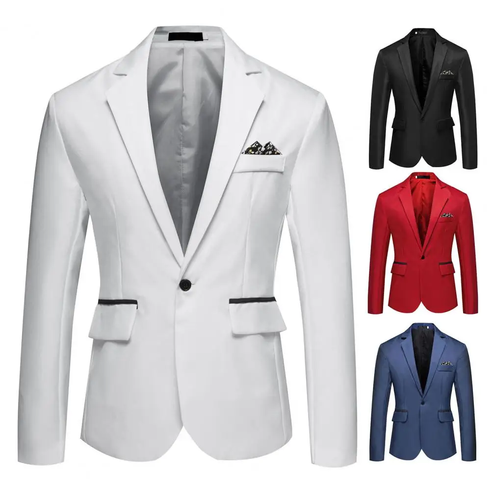 Men Lightweight Elegant Men\'s Slim Fit Lapel Suit Coat with Single Button Pockets for Business Wedding Party Black White