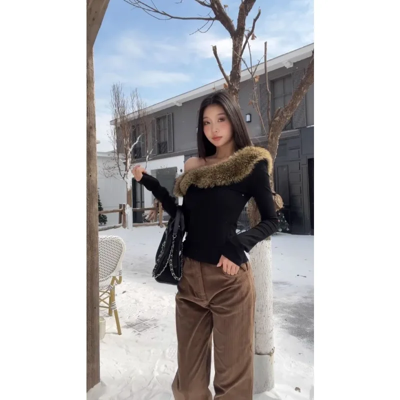 Outono e inverno design nicho peludo fino ajuste de um ombro manga comprida moda viajando bottoming topo