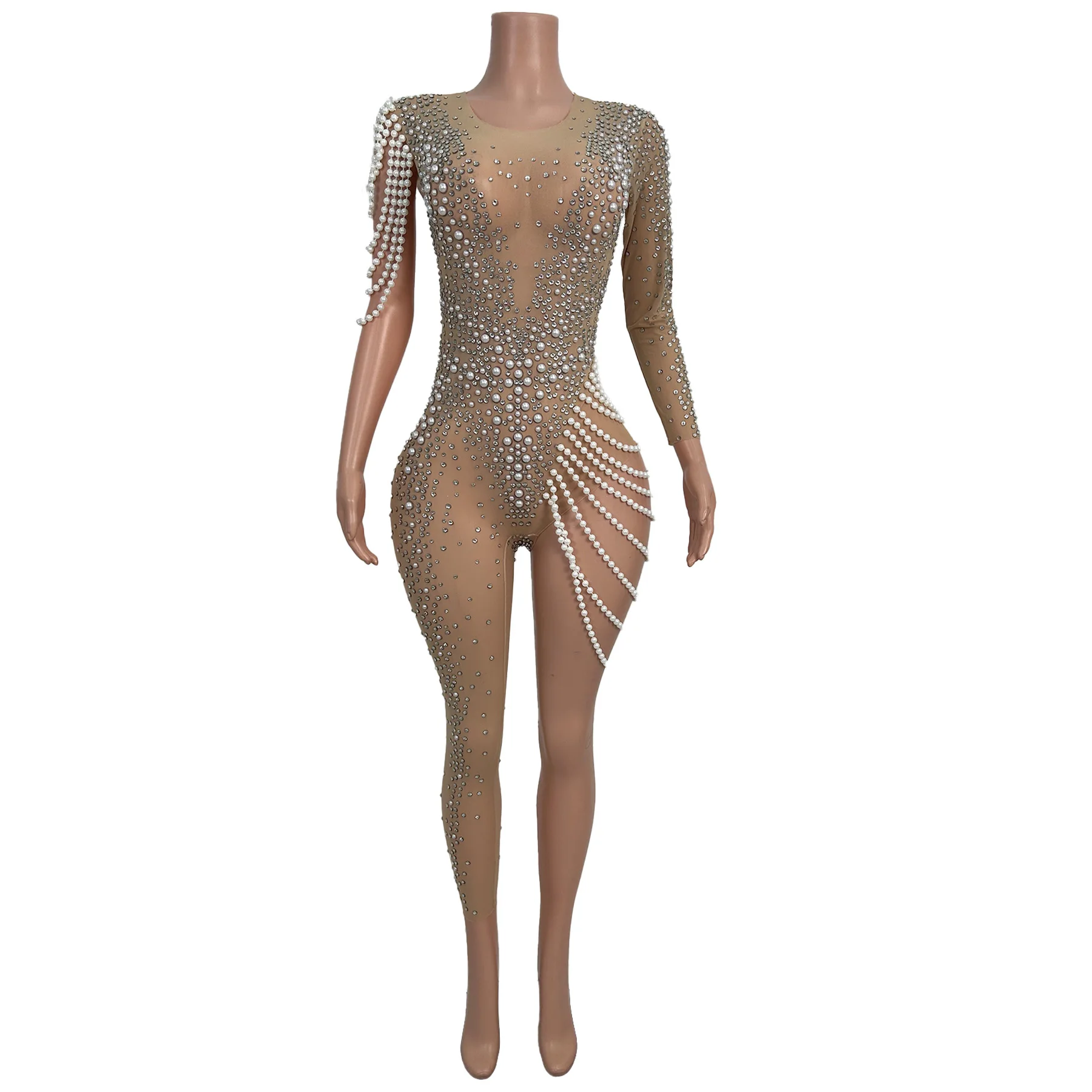 

Jiezhi Asymmetric Design Jumpsuit Pearl Chain Single Sleeve Mesh See Through Leggings Bar Stage Sexy Performance Costumes