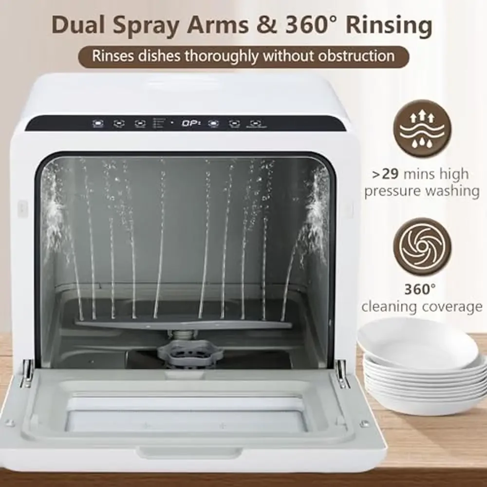 Portable Compact Dishwasher 4 Place Settings 5 Wash Options Eco-Friendly Countertop Kitchen Appliance Drying Function 360°