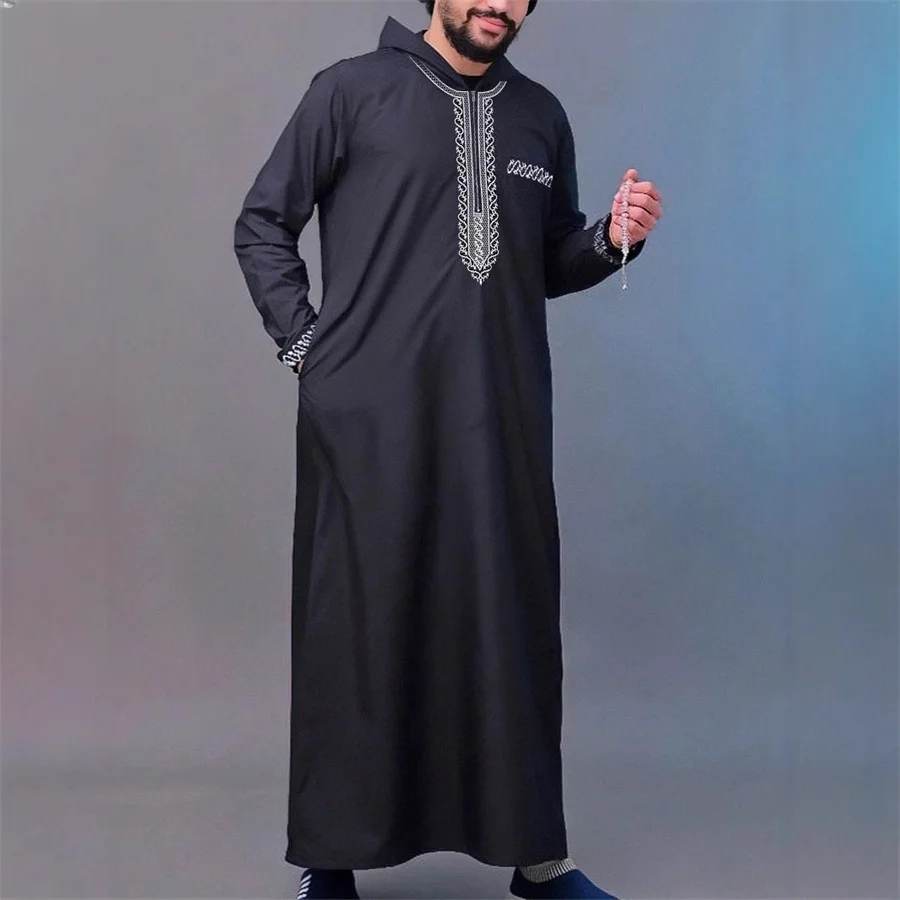 Musulmano Thobe da uomo con cappuccio ricamato Ramadan Robe caftano per uomo Arabia Saudita islamico manica lunga Abaya maschile abito casual ampio