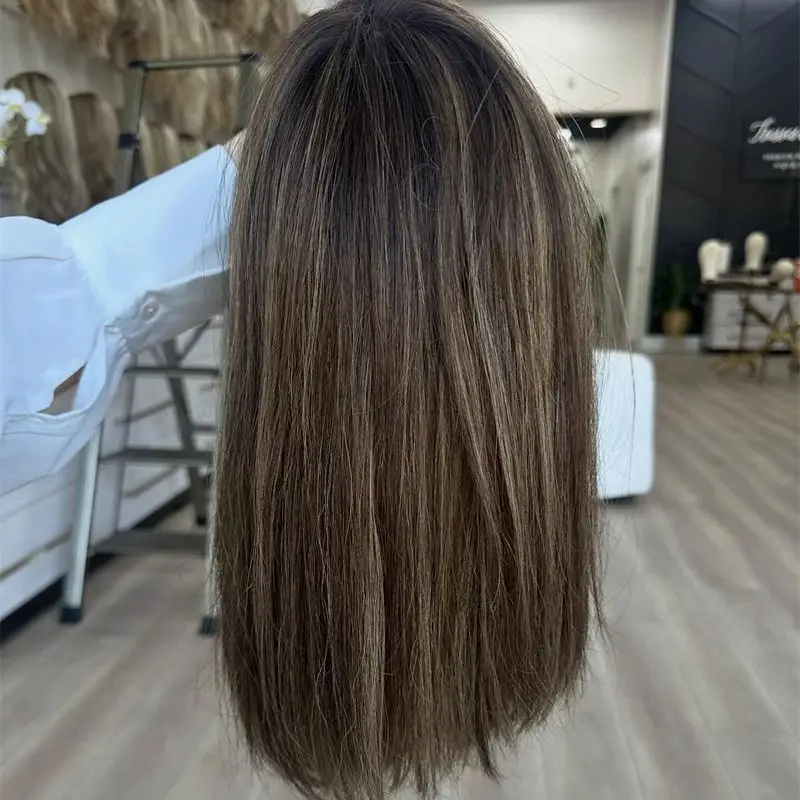 شعر مستعار قصير مستقيم بدون صمغ أومبير أشقر بني تسليط الضوء على شعر مستعار صناعي بدانتيل أمامي مقاوم للحرارة شعر مستعار عالي الكثافة يوميًا #4