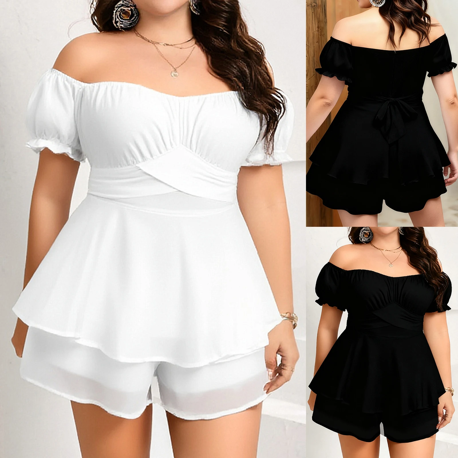 

Летний женский комбинезон-шорты 2026 года, сексуальный, больших размеров, однотонный, с коротким рукавом, открытыми плечами, широкими штанинами