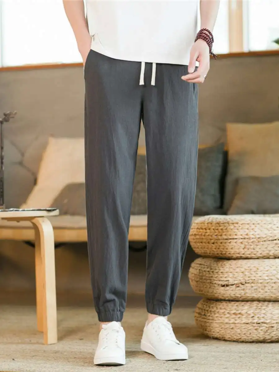 Men's Cotton Linen Retro Lantern Cuffed Pants Casual Printed Summer High Waist Long Trousers Comfortable Breathable Spring Au...