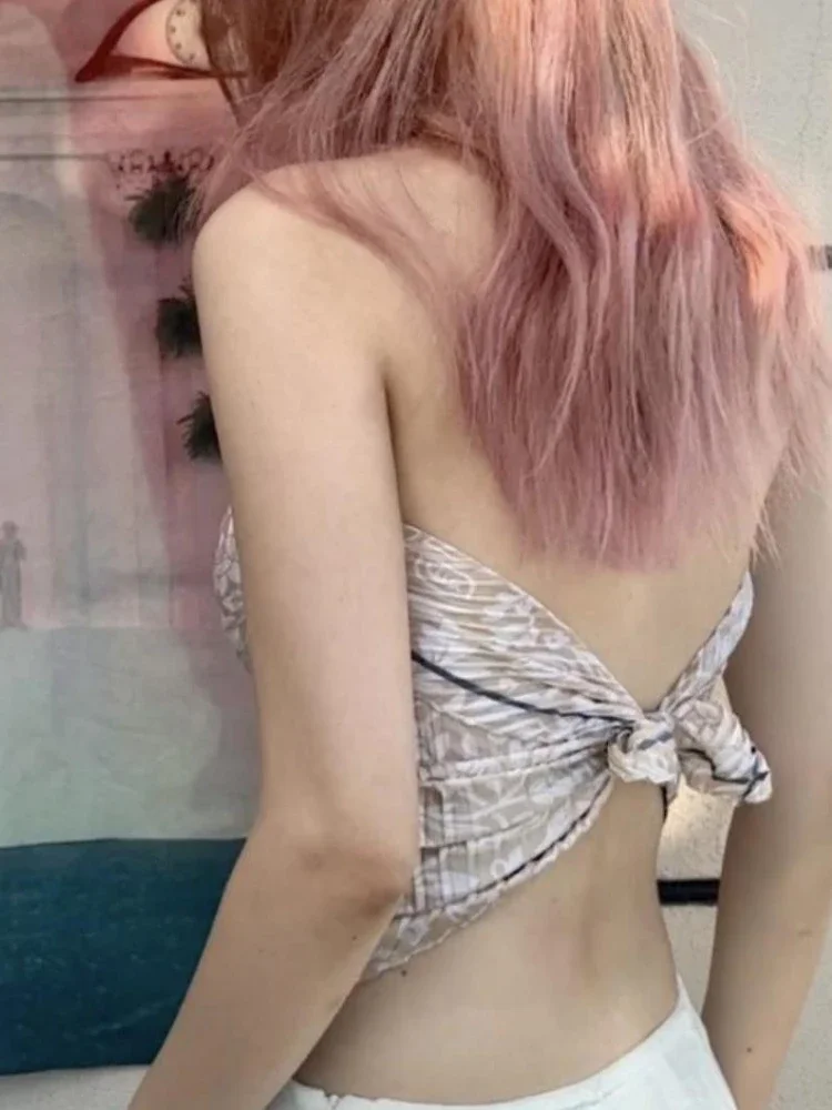 Y2k Ästhetische String Perlen Halter Sexy frauen Sommer Fee Druck Unregelmäßige Leibchen Streetwear Vintage Plissee Top