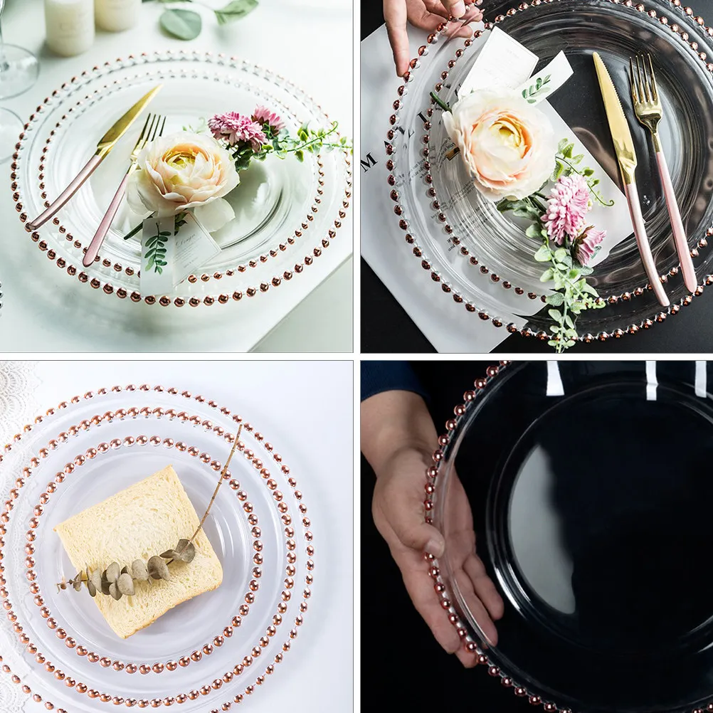 

1Pcs Premium Glass Rose Gold Beaded Plate Clear Food Serving Tray for Fruits Vegetables Snacks Stackable Western Tableware