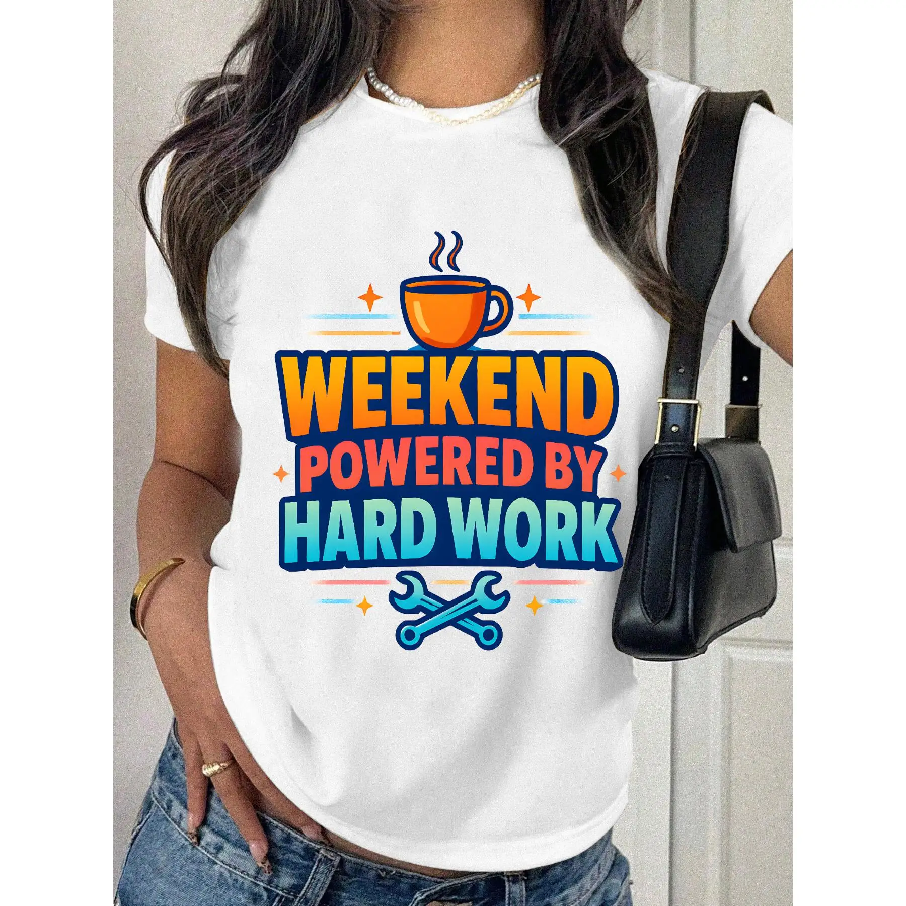 

Funny Weekend T-shirt Women Powered By Hard Work Graphic Tee Humorous Worker Gift Casual Cotton Top Short Sleeve
