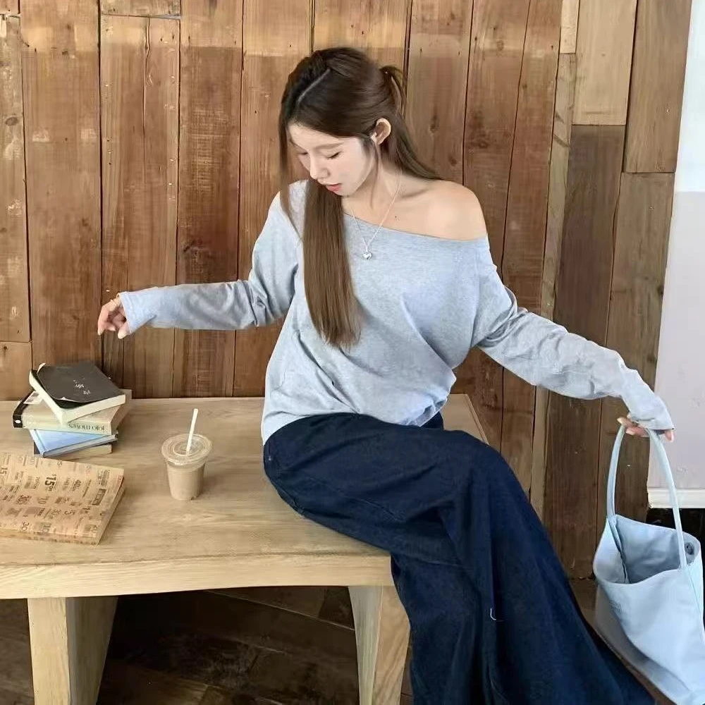 Autumn Winter One Shoulder Cotton Long Sleeve Slant Shoulder Women's Clothing Style Interior Wide Truffle Shoulder Base Shirt
