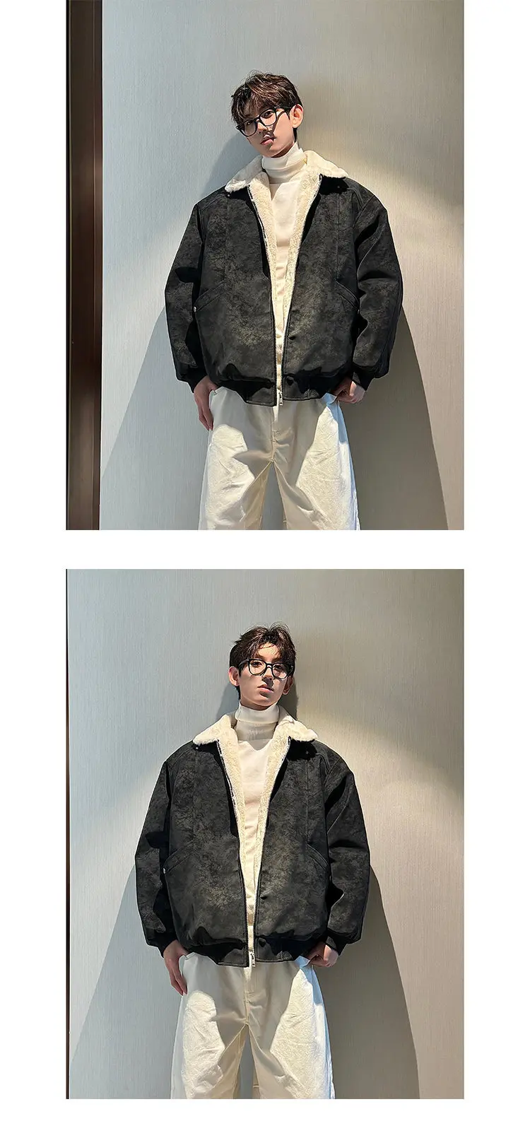 Winter Maillard Fleece Lined PU Leather Puffer Jacket Men's Thick Warm Couple Coat