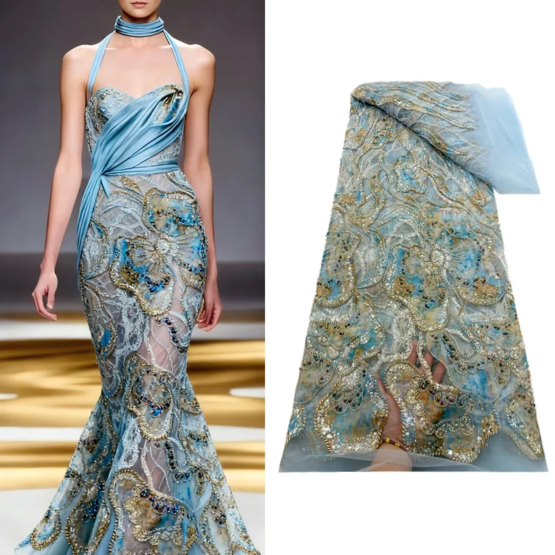 

African Sequins Beaded Lace Fabric 2025 High quality Nigerian Embroidery Fabric French tulle Lace Yarn Wedding Party sewing