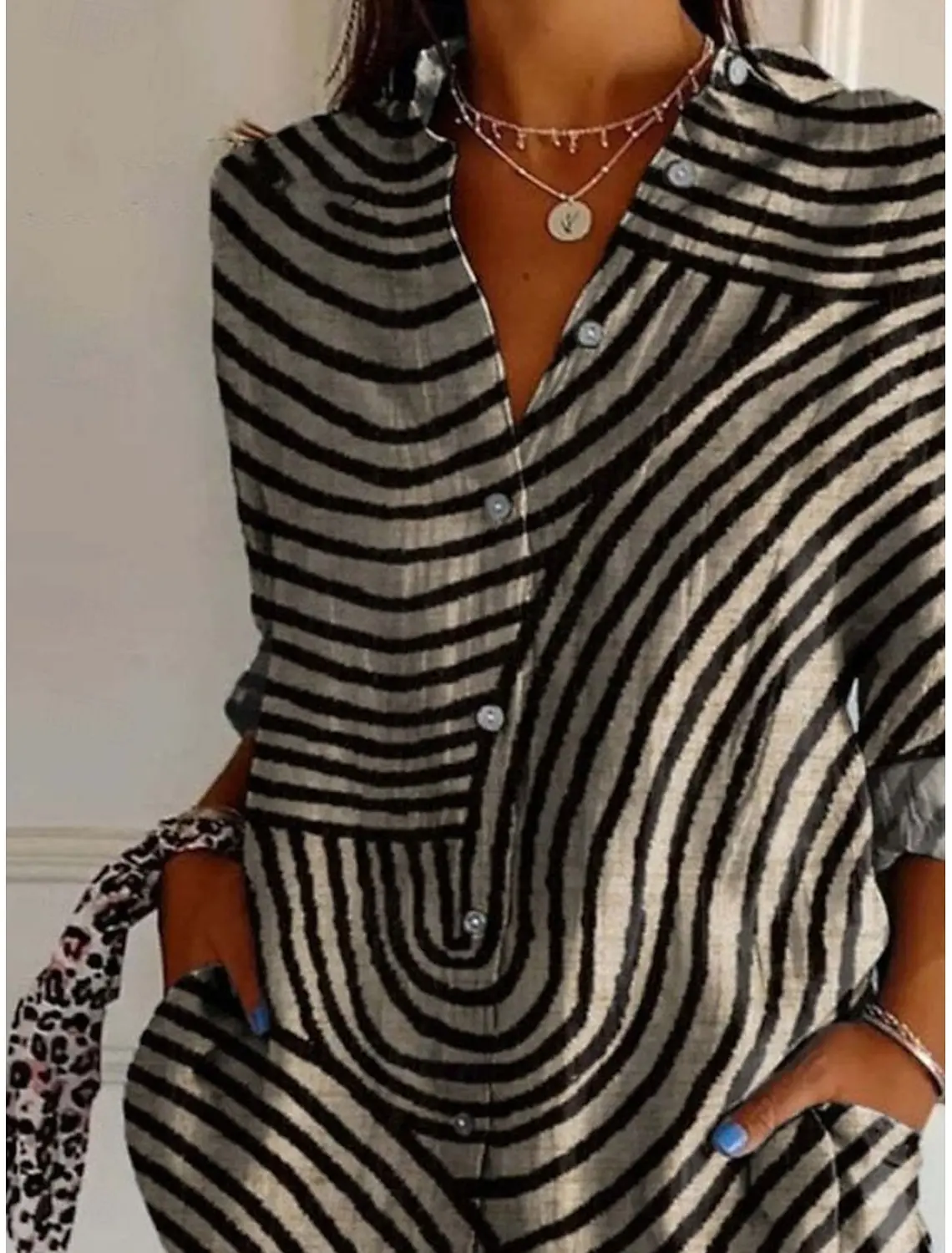 

Long sleeve shirt collar tops daily vacation outing button summer spring Women's striped shirt daily fashion retro