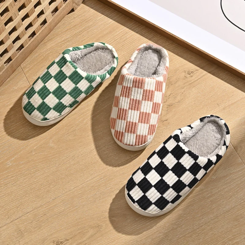 Shoes For Women Winter Home Slippers Checkered Faux Fur TPR Light Sole White Black Chessboard Plaid Shoes Best Gift Woman Shoes