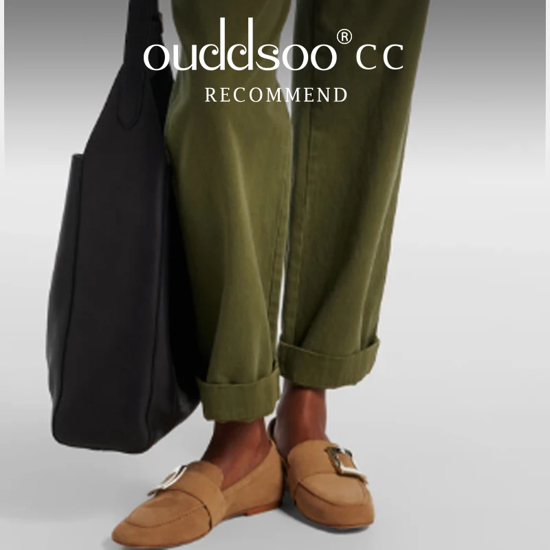 

Ods Leather Flat Sole Shoe Square Buckle Loafers Suede Flat Heel Female Metal Button Dec Comfort Women Autumn Causal Walk Pumps
