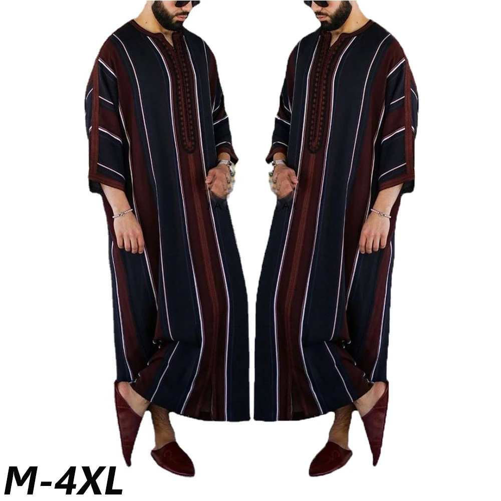 

Men Muslim Long Striped Robes Spring Summer Islamic Arabian Kaftan Clothing Saudi Arab Middle East Dubai Abaya Retro Jubba Thobe