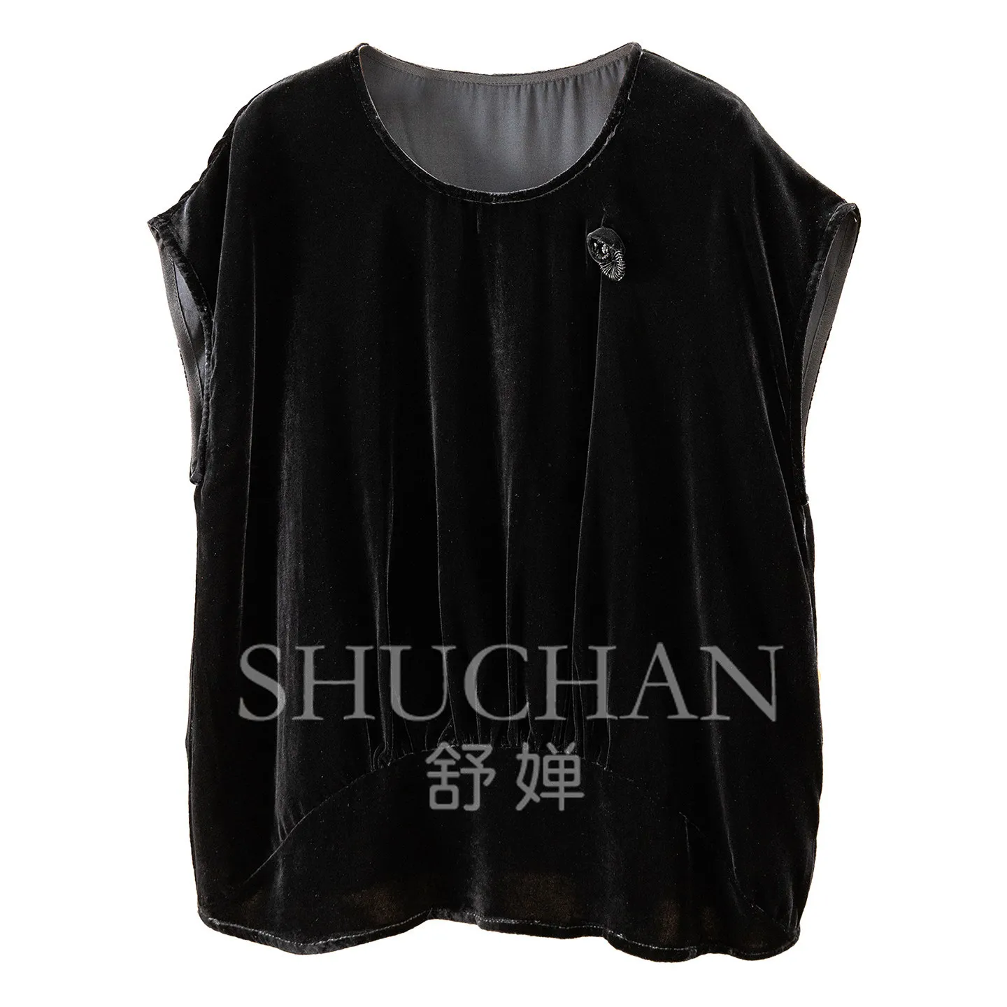 Elegant Black Blouse Light Luxury Accent Silk Velvet Crew Neck Bag Rotator Sleeve Shirt Women 45W7