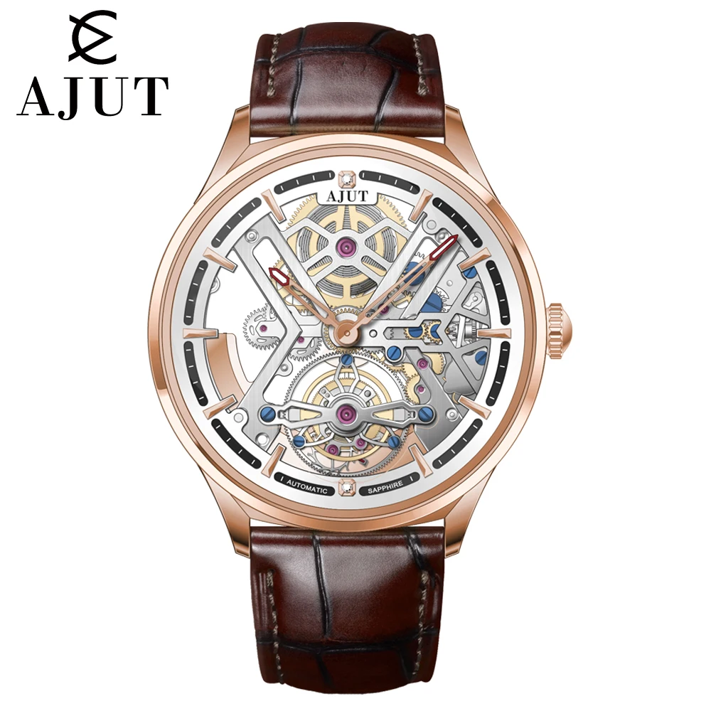 AJUT 0545 Skeleton Tourbillon Movement Man Watches Luxury Stainless Steel Tourbillon Mechanical Sapphire Men's Watch Waterproof