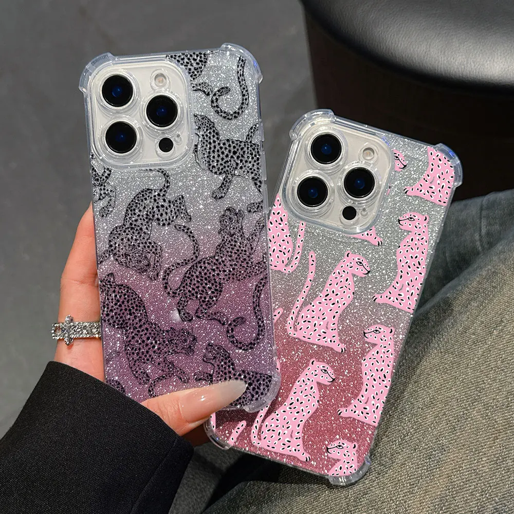 Fashion Pink Leopard Phone Case For Oppo Reno12 Reno11 Reno10 Reno8 Reno7 Reno6 Z F T Pro Plus 4G 5G Anti Bling Airbag Cover