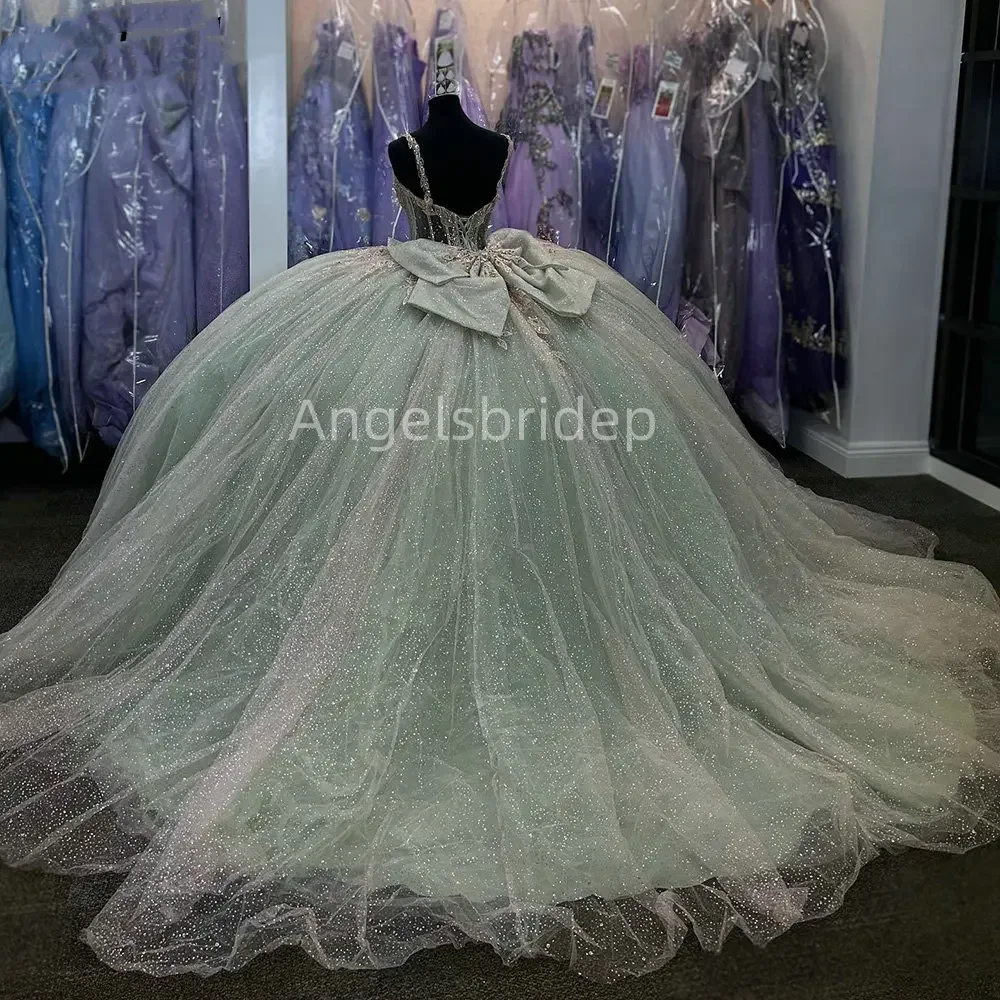 Angelsbridep-vestido De baile verde salvia personalizado, Vestidos De quinceañera, Vestidos De 15 Quinceañera con cuentas y purpurina, vestido De fiesta De tul