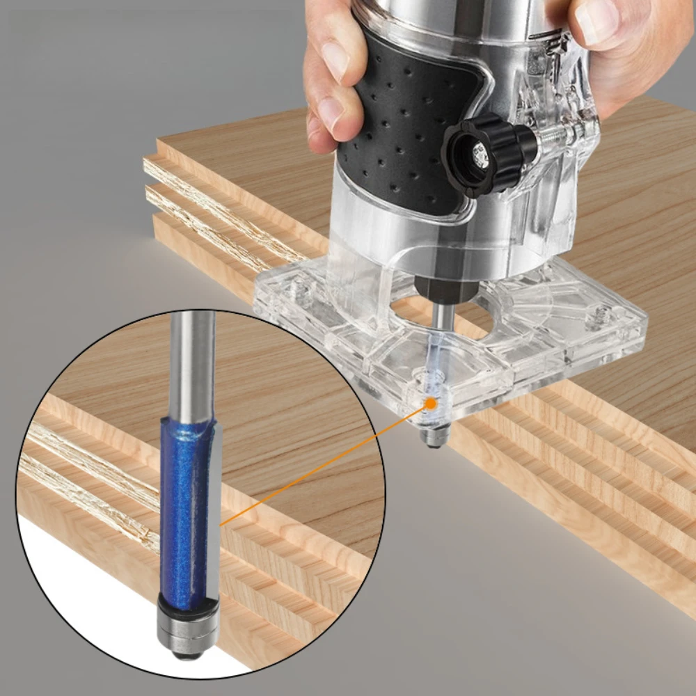 Mill cutter with double bearings edge trimming tool in silver blue 1/4 shank woodworking tool with double-edge trimming head view 2