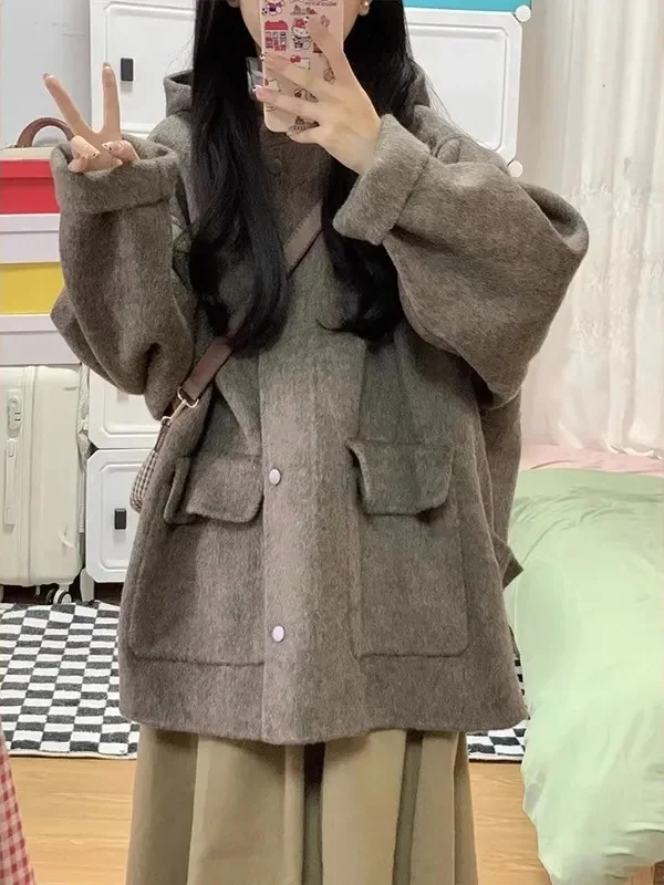 

Extra Large 300 Pou Hat Coat Women's Autumn Winter Vintage Loose Versatile Open Cardigan Woolen Coat Warmth Long Sve