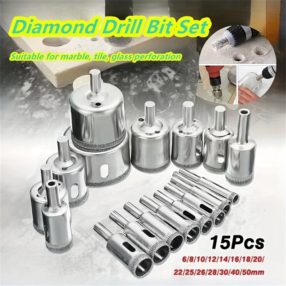 15pcs/set 6mm-50mm Diamond Coated Hole Saw Cutter,Core Drill Bit Glass Hole Opener Tools,for Ceramic Tile Porcelain Stone&Marble