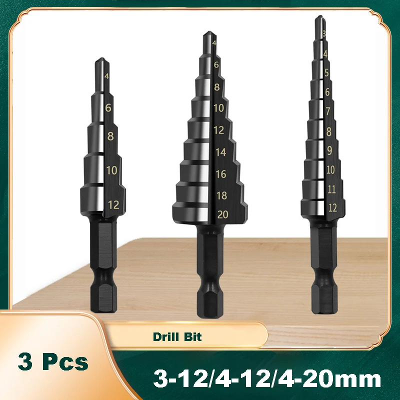 

3Pcs 4-12 4-20 4-32mm HSS Step Drill Bit Set Nitrogen High Speed Steel Spiral for Metal Cone Triangle Shank Hole Metal Drill