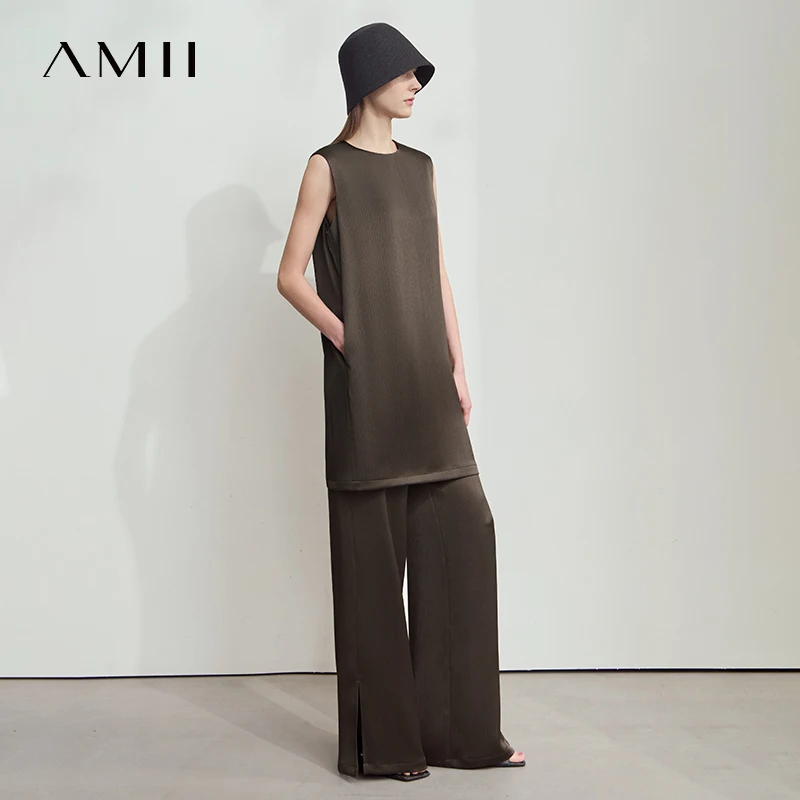 Amii Minimalist Dress 2026 Summer New O Neck Satin Elegant Commute Fashion Loose Tops Casual Wide-leg Pants Separate 12542042