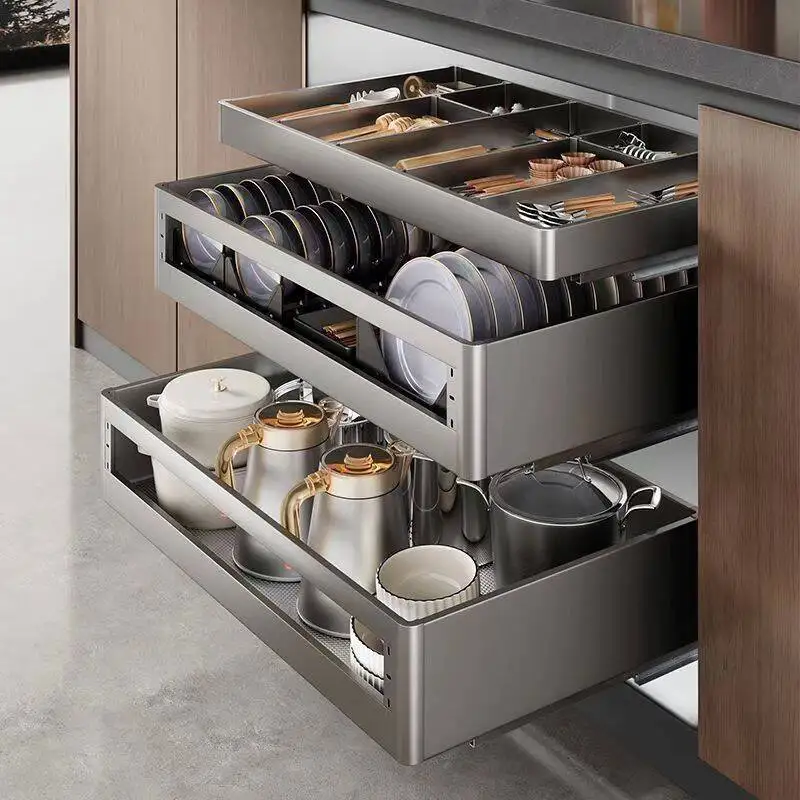 

Kitchen Cabinet Basket Three-layer Household Space Aluminum Stainless Steel Dish Basket Drawer Storage Dish Basket