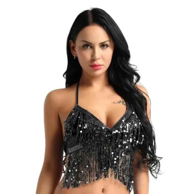 Halter Top Bra Sexy Party Costume Sequin Tassel Temptation Stage Performance Top Belly Dance Latin Sequin for Adult 9 Colors