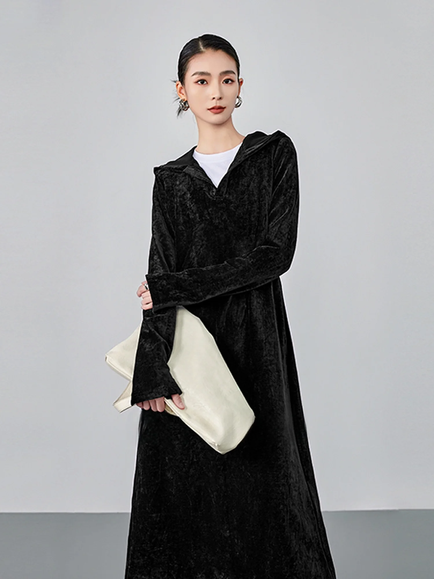 

Chivirin Classic Thiened Retro Velvet Winter Long Dr Women's Hoodie Dr Ultra-long Polyester Spandex Casual V-ne Dr