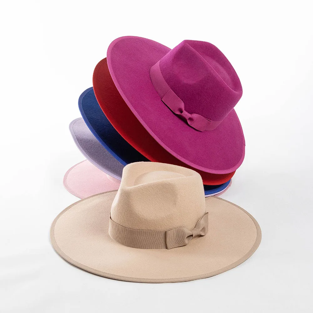 Autumn Winter New Crown Top Ribbon Bow Wool Felt Wide Brim Jazz Hat Outdoor Shopping Warm Fedora