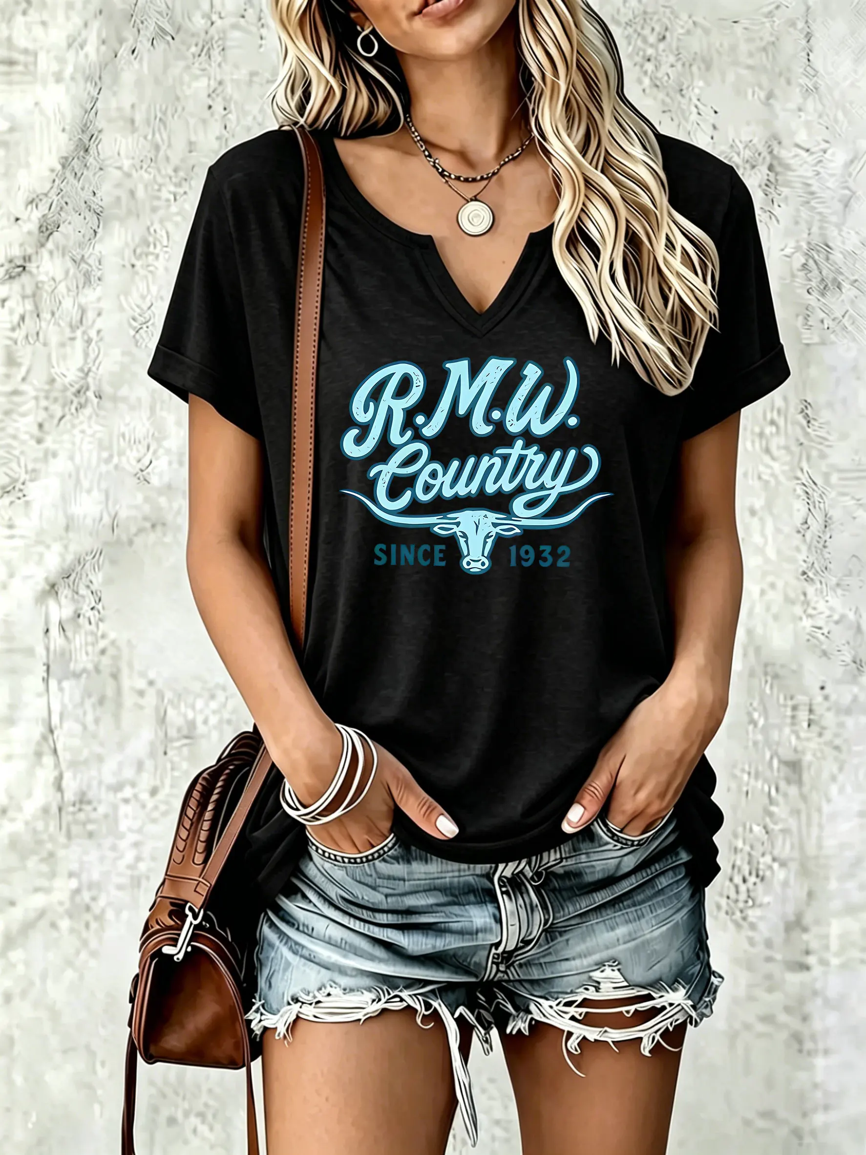 Women V Neck Short Sleeve T-Shirt, Tee with Longhorn Bull Head, R.M.W. Country and SINCE 1932 Graphic Print, Western Casual Top