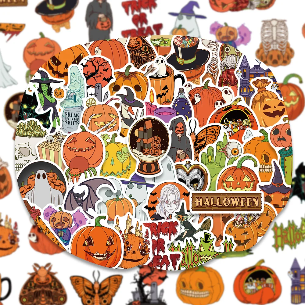 50PCS Fun Colorful Halloween Pumpkin Sticker Pumpkin Ghost Cup Candy Jar Celebrating Holiday Gift DIY Cup Phone Book Guitar