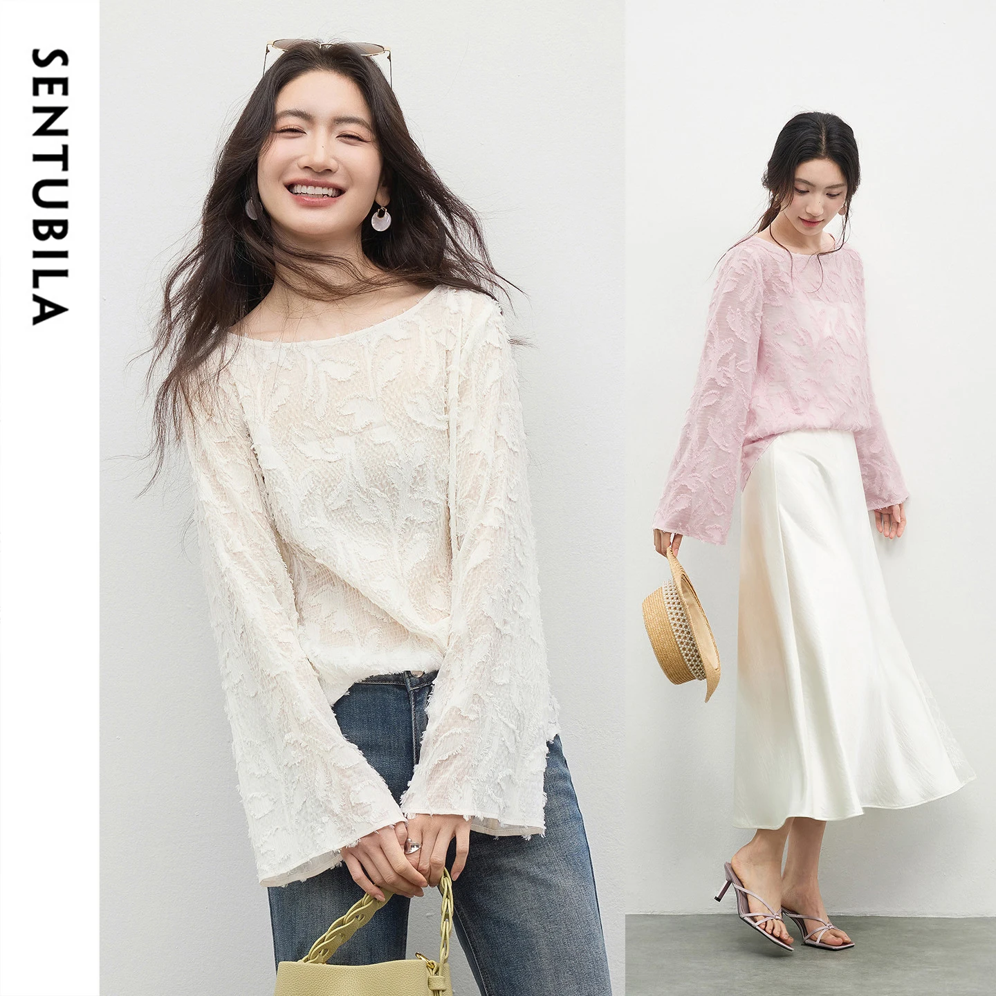 

Блузка из шифона SENTUBILA для женщин, весна 2026, легкая, свободная, с вырезом-лодочкой, расклешенными рукавами, элегантный женский топ 161VF5675