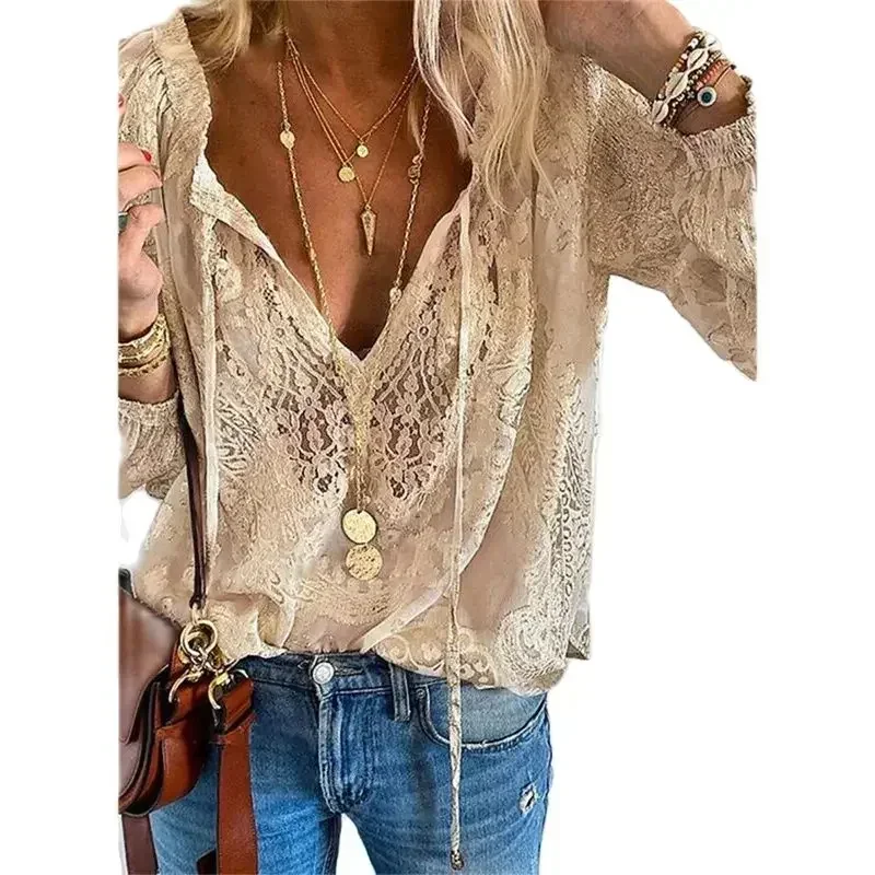 

Autumn Lace Fabrics Deep V Neck Pullover Shirt Women Elegant Commuter Casual Blouse New Solid Color Strap Decoration Female Tops