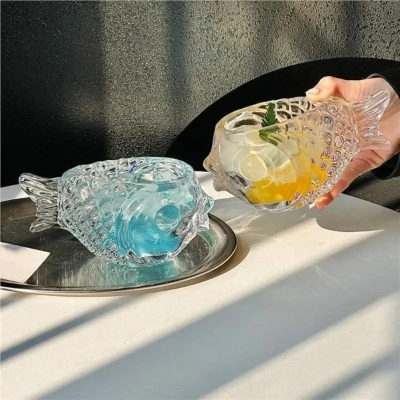 3D Pufferfish-shaped Glass Cup Transparent Thick Wine Glass Ice Cream Cup Lovely Fish-shaped Glass Restaurant Cocktail Tool