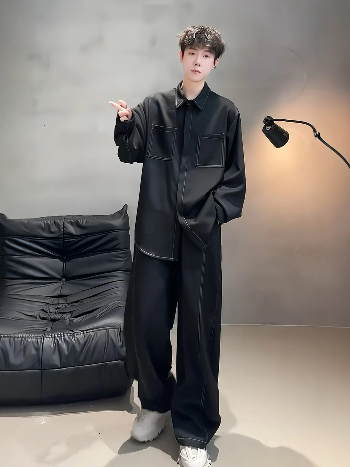 

Bla Casual Cotton Linen Collared irt Set Men's Autumn Wear Long Sve Long Pants Leisure Sportswear Two Piece Set