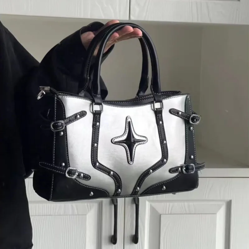 

Y2k Fashion Bomber Crossbody Bag For Women 2023 Dark Sweet Cool Spicy Girl Rivet Black Silver Contrasting Tote Bag Shoulder Bag