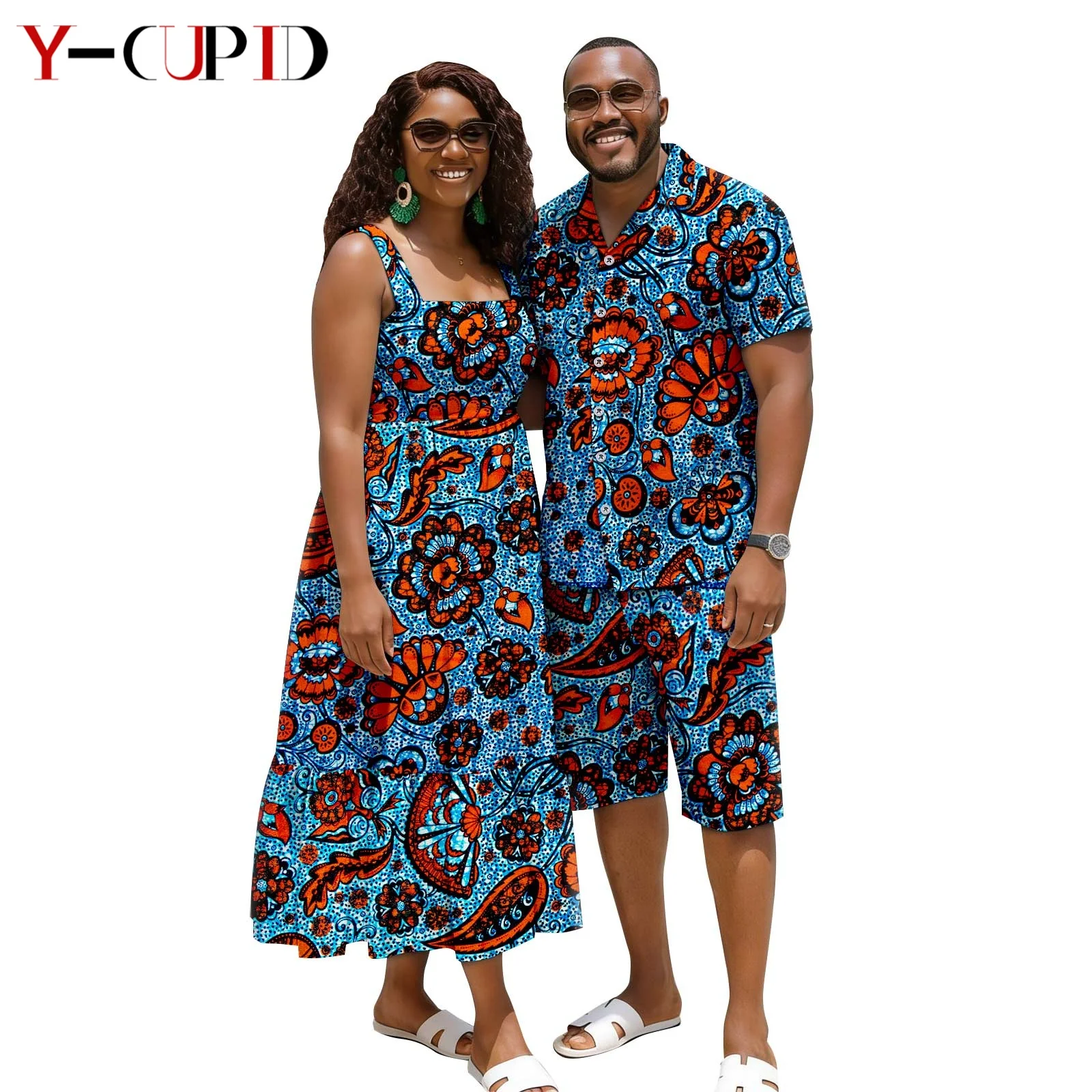 

Summer African Print Ruffles Draped Dresses for Women Matching Men Outfit Dashiki Top and Short Pant Sets Couples Clothes 26C031