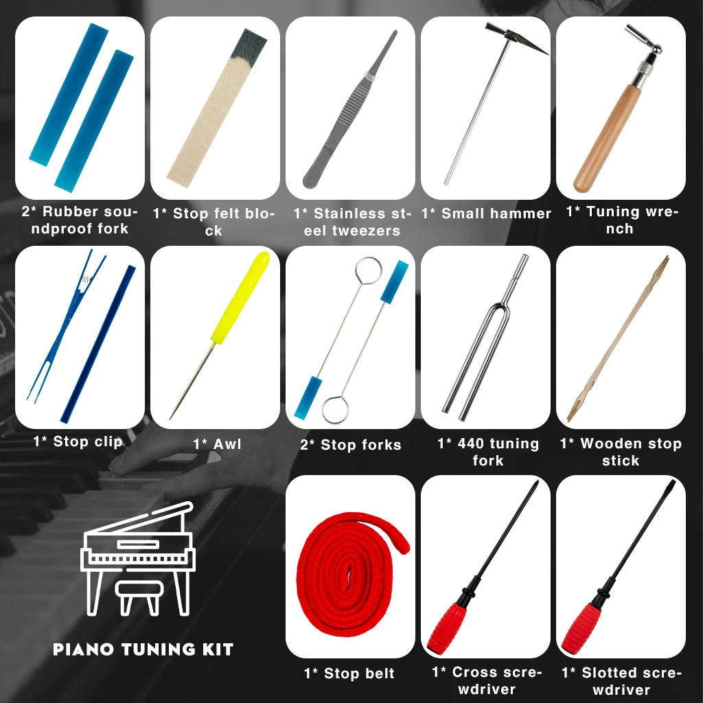 Mugig 16pcs Professional Piano Tuner Kit Star Head L-Shape Tuning Hammer Piano Wrench Mute Fork Screwdriver Belt Tweezers Clip