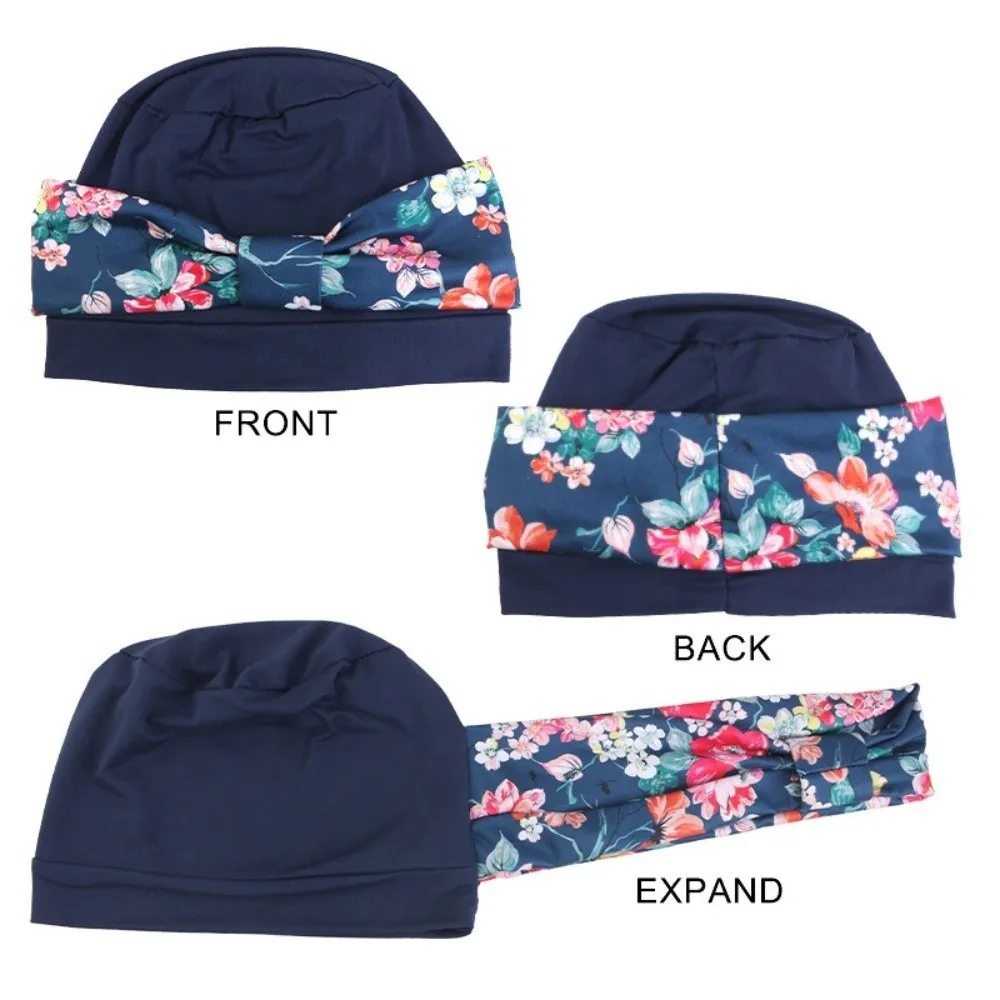 Soft Elastic Pre-Tied Turban Hat Floral Print Pre-Tied Bow Head Wrap Beanie Lightweight Solid Base Hair Loss Head Cover