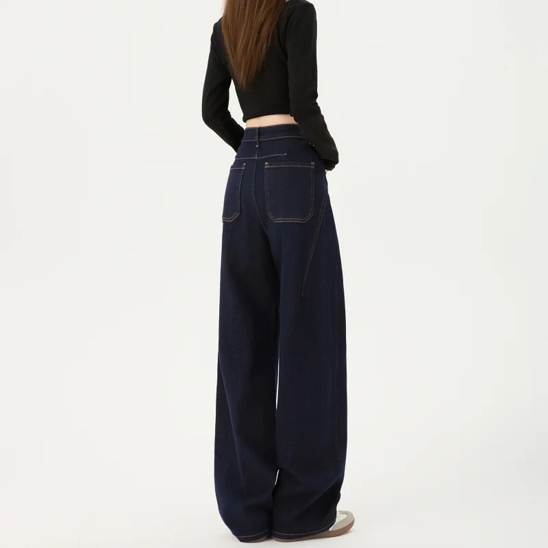 

2026Spring new American-style denim blue high-waisted loose straight wide-leg floor-length jeans for women with butt-lifting des